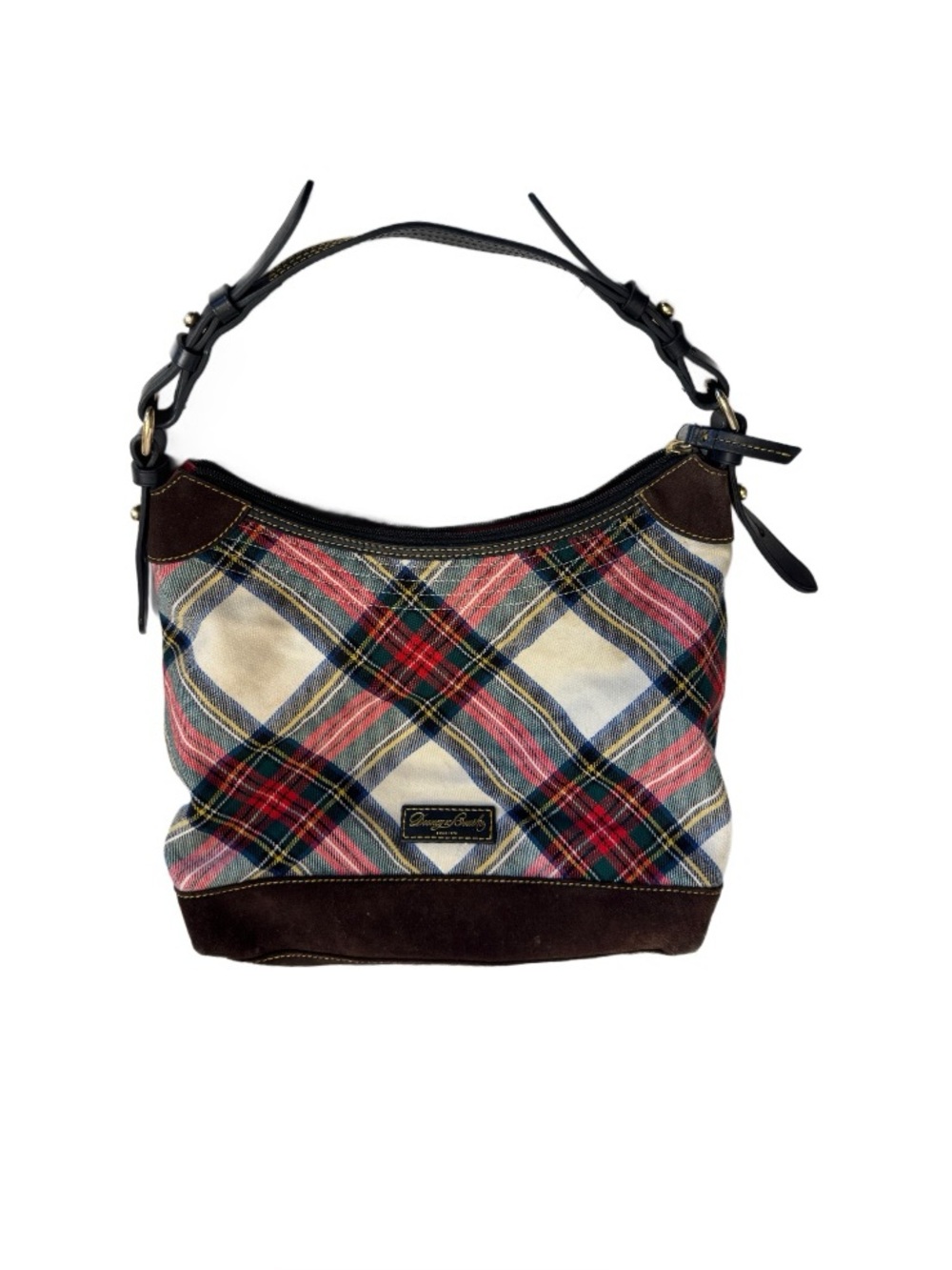 Dooney & Bourke White Tartan Plaid Hobo Handbag Purse Shoulder Bag Leather Suede